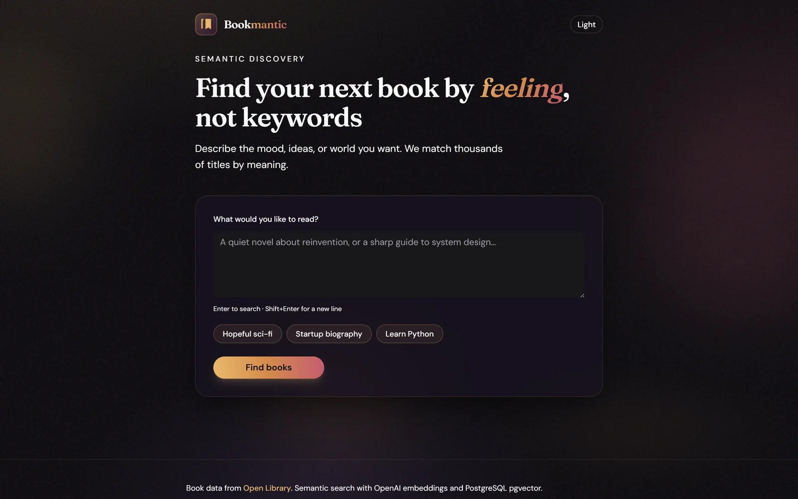 Bookmantic homepage